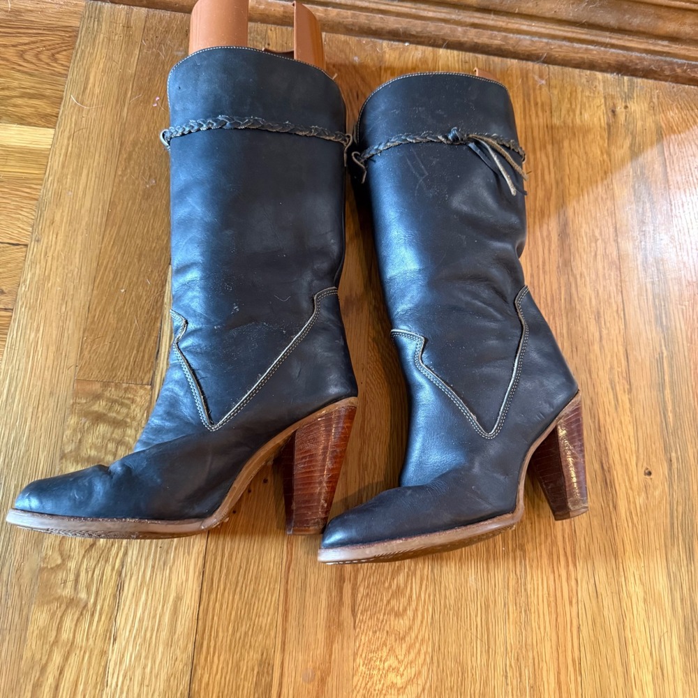 Vintage Zodiac USA Leather Tall Boots Black braided Wood Heel 7.5M